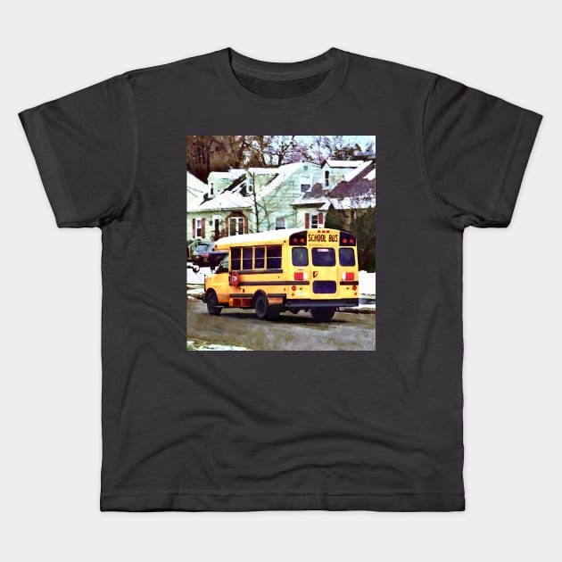 School Bus Driving Home in Winter Kids T-Shirt by SusanSavad